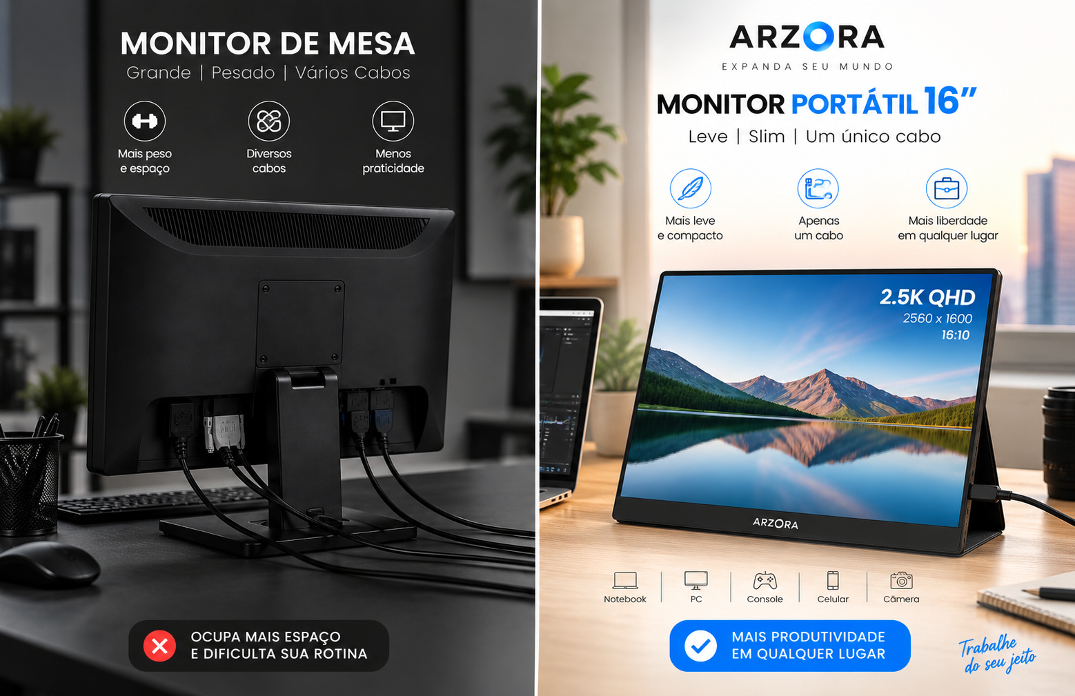 Comparativo entre monitor de mesa e monitor portátil Arzopa de 16 polegadas
