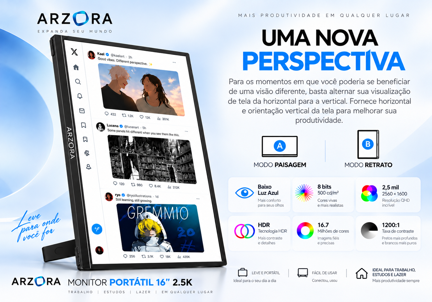 Monitor Arzopa em modo retrato e paisagem