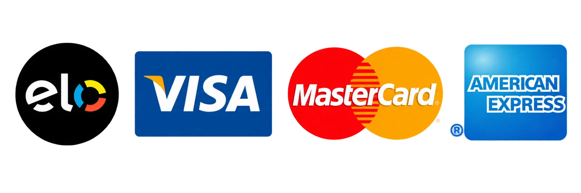 Formas de pagamento: Elo, Visa, Mastercard e American Express