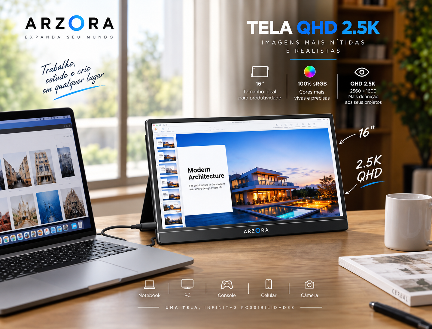 Monitor Arzopa de 16 polegadas com tela QHD 2.5K, 100% sRGB, conectado ao notebook