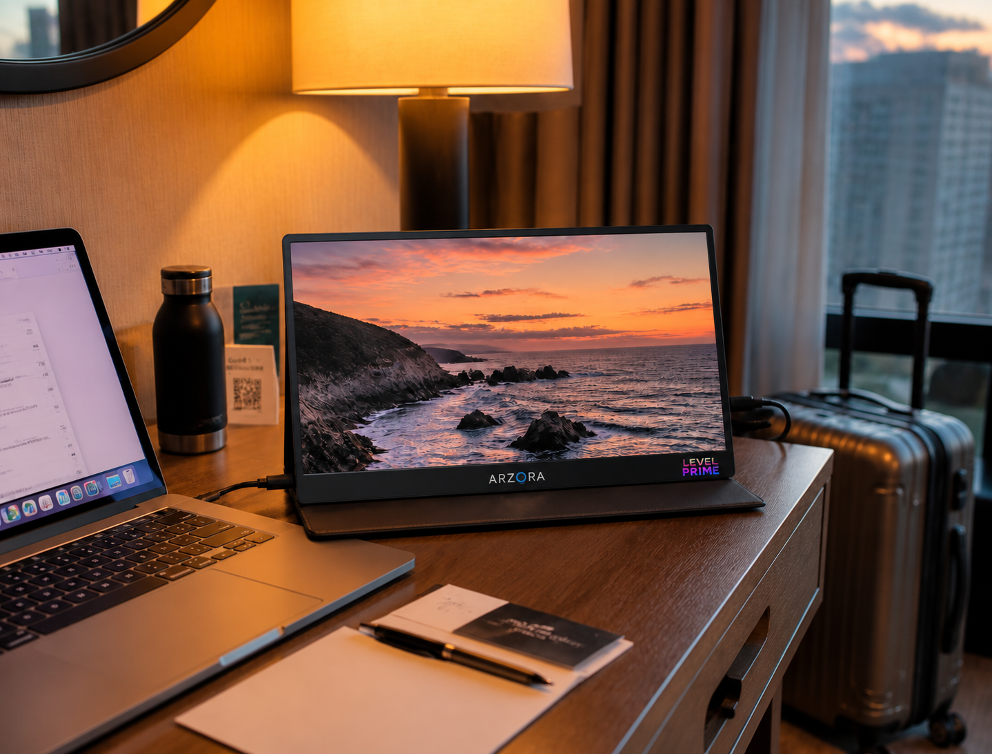 Monitor Arzopa conectado ao notebook em uma viagem, sobre a mesa de um quarto de hotel