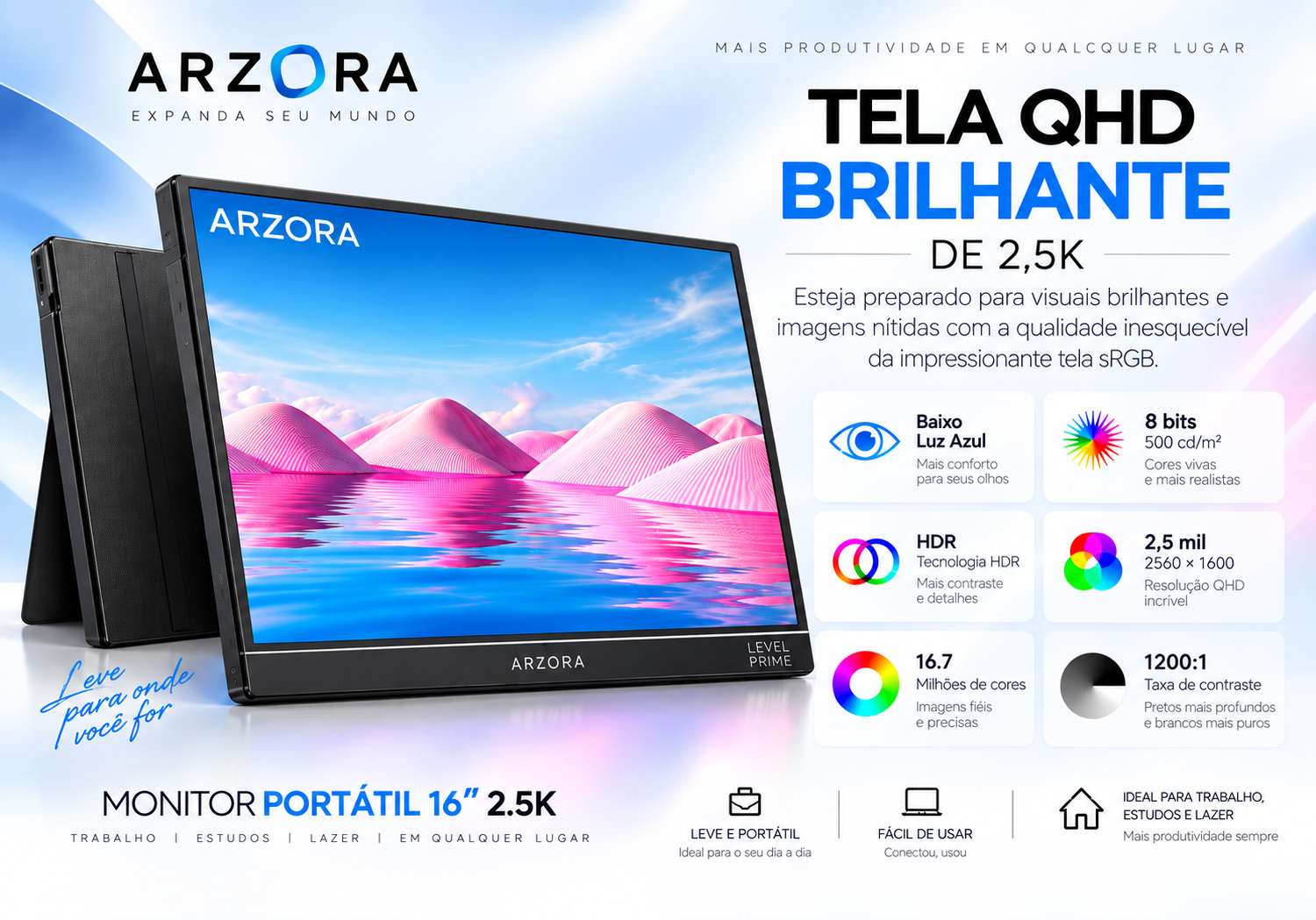Tela QHD brilhante de 2,5K do monitor Arzopa
